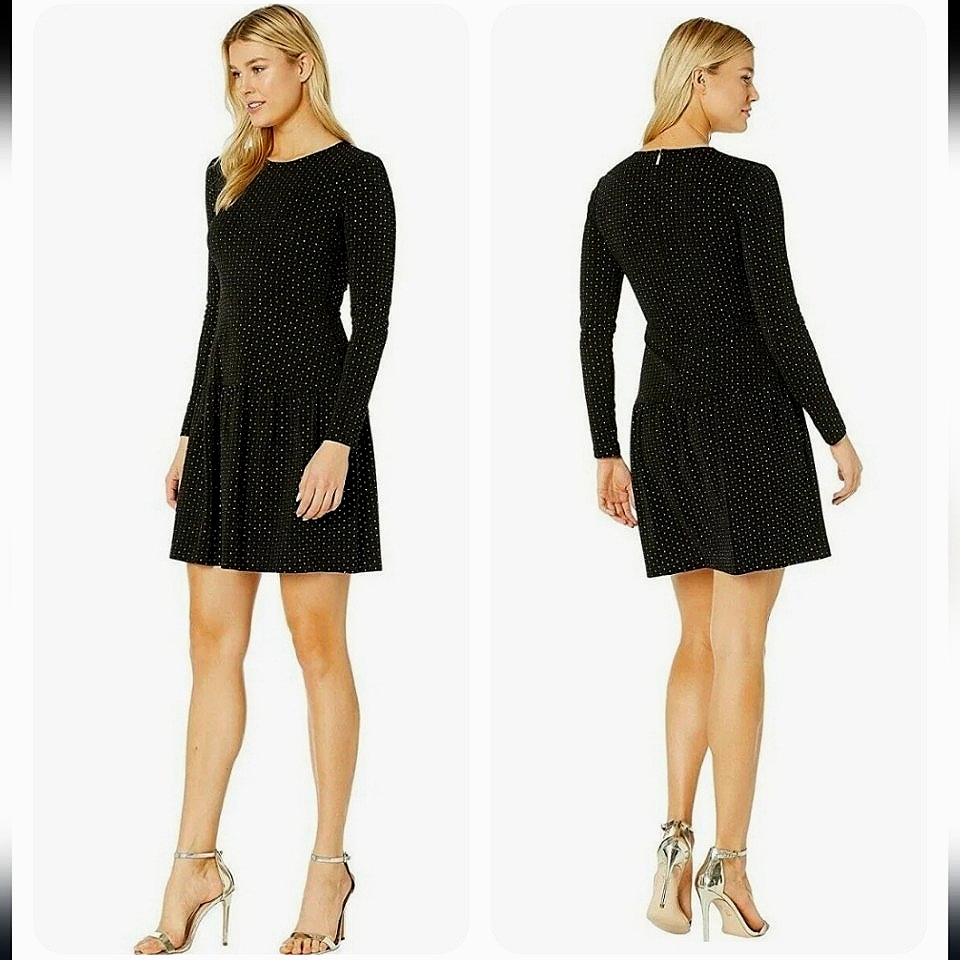 Michael Kors Black/Gold Glitter Dot Longsleeve Shine Stretch Flounce Dress